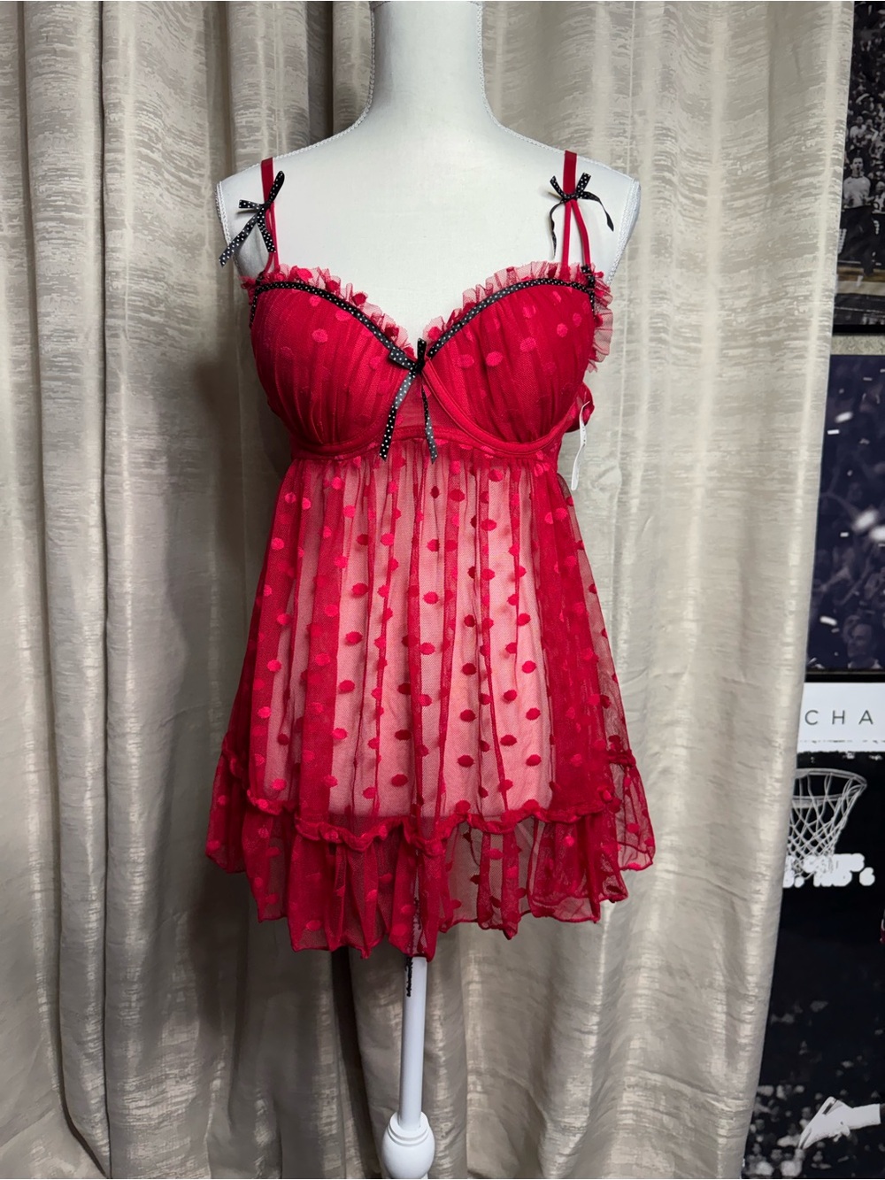 Sheer Red Polka Dot Babydoll Chemise with Ruffle Hem